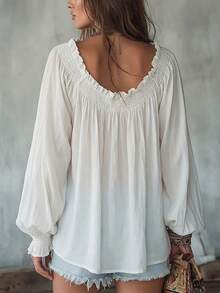 Vacation Style Solid Color Pullover Plus Size Top, Collar Pleated Lantern Long Sleeve Plus Size Women's Top White - White - View 2