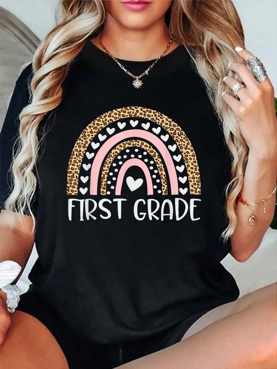 100% Cotton First Grade Rainbow Girls Boys Teacher Team 1st Grade Squad T-Shirt Classic Comfort Shirt For Women Graphic Tee Fashion Vacation Tops - Black - View 1
