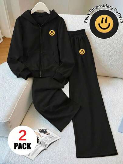 2pcs/Set Girls Casual Outfit, Including Faux Embroidery Smiling Face Pattern Hooded Cardigan + Casual Pants, Soft And Comfortable, Suitable For Autumn/Winter Wear