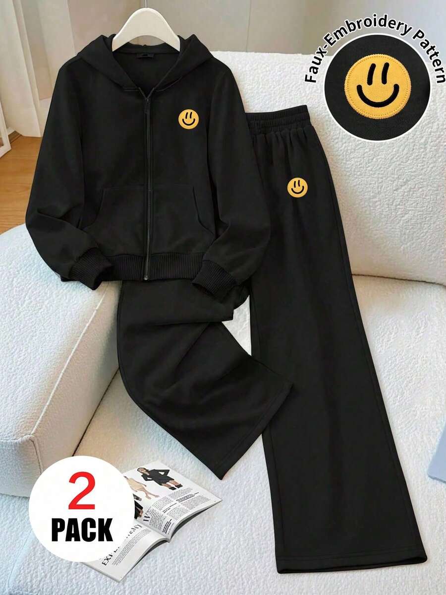 2pcs/Set Pakaian Kasual Anak Perempuan, Termasuk Kardigan Berkerudung Motif Wajah Tersenyum Bordir Imitasi + Celana Kasual, Lembut dan Nyaman, Cocok untuk Dipakai di Musim Gugur/Musim Dingin - Hitam - View 1