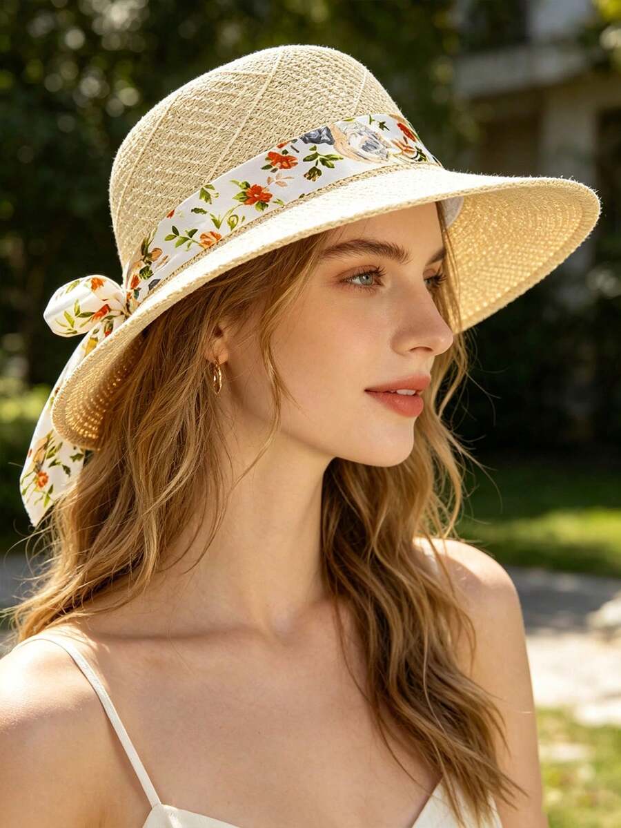 1件裝女款夏季草帽,附緞帶拉菲亞遮陽帽,時尚媽媽遮陽帽,可折疊 - 花草蝴蝶結米色草帽 - 查看 1