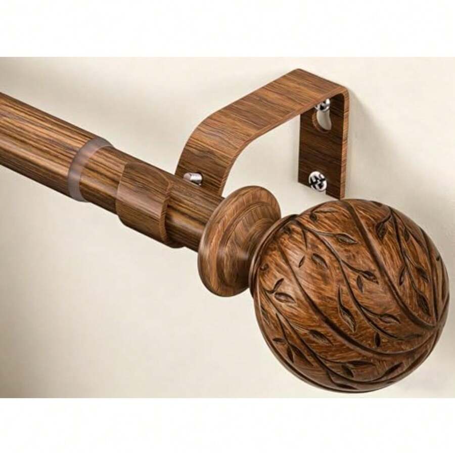 Wood Curtain Rods For Windows 18 To 45 Inch, 1" Adjustable Heavy Duty Boho Drapery Rod Decorative Curtain Rods With Finials Rustic Window Treatment Rods For Kitchen Farmhouse Bedroom Patio - Wood Grain - View 1