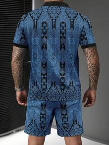 Men's Vacation Casual Geometric Print Polo Shirt & Shorts Set - Blue - View 5