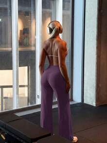 1 Pair Women's Solid Color Loose Yoga Wide Leg Pants, Comfortable Fitted Versatile, Suitable For Running, Fitness And Yoga Spring Sports - Purple - View 11