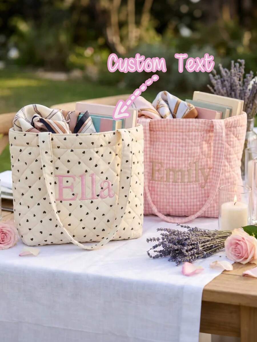 Personalized Quilted Tote Bag, Customized Embroidered Name Letter Tote Bag, Bridesmaid Wedding Welcome Gift, Letter Embroidered Shoulder Bag - Multicolor - View 1