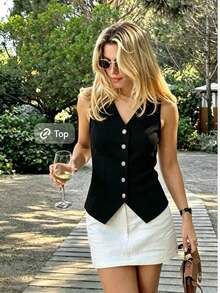 Ladies' Autumn Elegant Solid Color Front Buckle Irregular Top Vest Suitable For Daily Office Work - Black - View 6