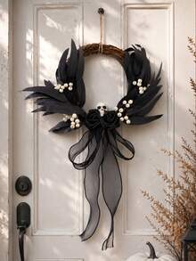 1pc Halloween Black Vine Wreath, Skull Rose Door Hanging, Black Leaf Door Decor, Woven Round Wreath, Gothic Style Door Ring, Front Door Hanging Decoration, Entryway Wall Hanging, Halloween Porch Decoration, Skull Wreath, Black Rose Decor, White Berry Accents, Gauze Ribbon Bow Hanging Decoration, Party Photo Prop, Suitable For Front Door, Living Room, Fireplace, Wall, Windowsill, Display Window, Coffee Corner, Restaurant, Office, Party Table, Halloween Holiday Decoration, Can Be Used For Doorway Welcome Decoration, Indoor Wall Hanging - Gothic Style Ornament C - View 4