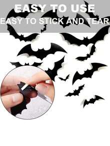 48 piezas Pegatinas de pared de murciélagos que brillan en la oscuridad para Halloween, calcomanías de murciélagos 3D realistas y aterradoras de color negro fluorescente, adecuadas para decoración del hogar espeluznante, decoración de fiesta de Halloween, pegatinas de pared DIY, decoración interior de baño - Ver 5