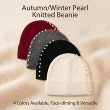 1 pieza Gorro de punto de poliéster con perlas de unicolor estilo callejero lindo para invierno - A - Ver 1