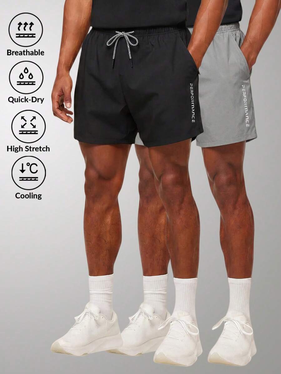 2件組男士運動短褲男友風夏季3/4短褲,簡約鬆緊印花抽繩口袋褲,適合跑步、健身、海灘,黑色 - 黑色 - 查看 1