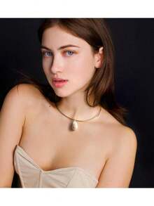 18K Gold Plated Cuff Choker Necklace For Women Chunky Wire Chain Collar Jewelry - Round Wire Baroque Pearl - View 2