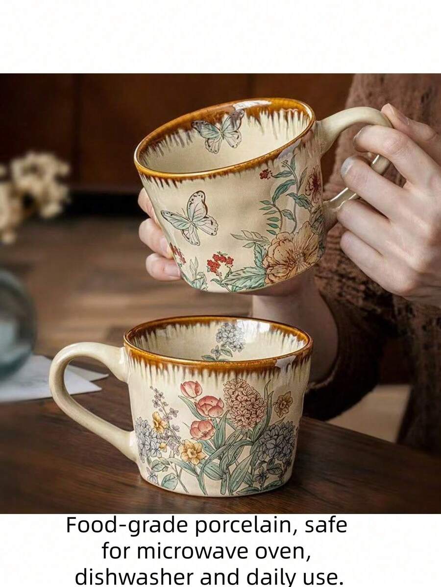 Vintage Farmhouse Floral Butterfly Ceramic Mug, 4 Styles Retro Botanical Print Handmade Wavy Edge Porcelain Coffee Cup, Brown Drip Glaze Rim Heat-Insulated Cup, Suitable For Home Kitchen Office, Women Birthday Holiday Gift