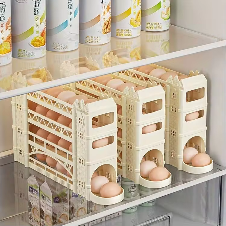 4-Tier Slide-Out Egg Storage Rack - Automatic Rolling Egg Rack, Unbreakable And Washable Plastic Dispenser, Stackable Refrigerator And Countertop Accessory, Space-Saving Egg Storage Rack, Space-Saving Double-Layer Egg Storage Container - Automatic Rolling, Durable PET Design, Suitable For Eggs And Duck Eggs - Essential Kitchen Storage Tool - Multicolor - View 1