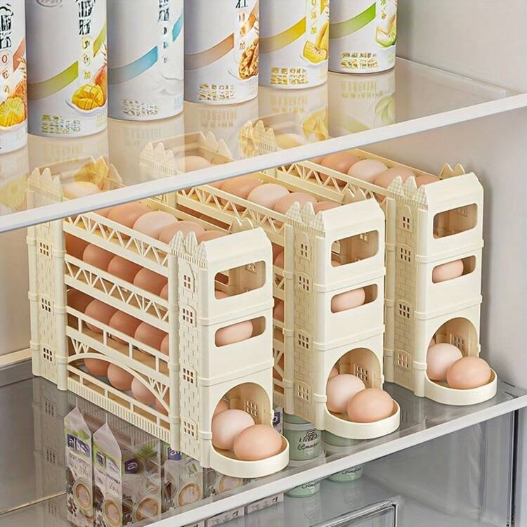 4-Tier Slide-Out Egg Storage Rack - Automatic Rolling Egg Rack, Unbreakable And Washable Plastic Dispenser, Stackable Refrigerator And Countertop Accessory, Space-Saving Egg Storage Rack, Space-Saving Double-Layer Egg Storage Container - Automatic Rolling, Durable PET Design, Suitable For Eggs And Duck Eggs - Essential Kitchen Storage Tool - Multicolor - View 1