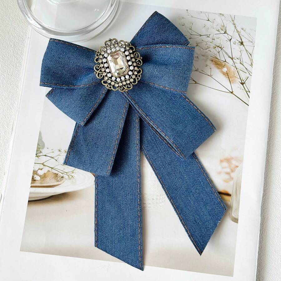 1pc Denim Pearl Rhinestone Crown Luxury Bow Brooch Tie Clip Lapel Pin Suitable For Daily Wear - Blue - View 1