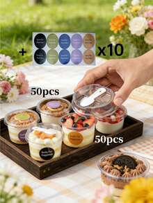 100/50/10/1pc Reusable Yogurt, Pudding, Oatmeal Cups With Lids And Spoons, Shatterproof Pudding Cups, 2 Sizes Dessert Cups Assorted + Decorative Stickers, Transparent Cream Cake Packaging Boxes, Suitable For Dessert Packaging, Refrigeration, Display, Outdoor Picnic And Travel (Sticker Style Random) - View 5
