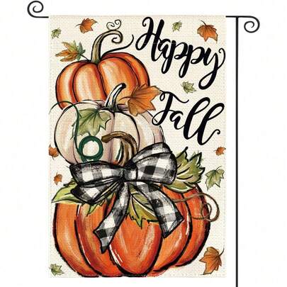 1pc Happy Autumn Garden Flag, Orange White Pumpkin Black Buffalo Plaid Bow Maple Leaf Print Burlap Yard Flag, Autumn Thanksgiving Farmhouse Style Outdoor Lawn Decor 12x18/28x40 Inches