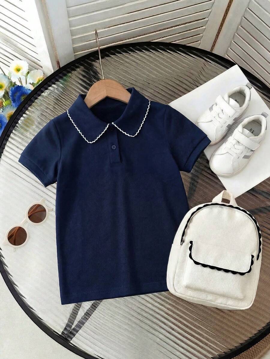 1件女童夏季新款Polo衫，百搭休闲可爱T恤 - 藏蓝色 - 查看 1