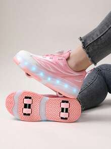 Zapatos con ruedas recargables con luz LED para niñas, patines multifuncionales transformables con ruedas desmontables, adecuados para todas las estaciones - Rosa - Ver 7