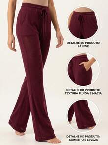 High-Waisted Wide-Leg Pants With Crease, Plain Wool, For Winter. - 紅木色 - 查看 4