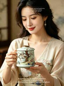 Chinese Vintage Floral Ceramic Mug With Lid, Traditional Peacock & Plum Blossom Pattern Porcelain Tea Cup, Large Capacity Handle Water Cup, Oriental Aesthetic Table Decor, Elegant Gift For Tea Lovers Office & Home Daily Drinking - Multicolor - View 2