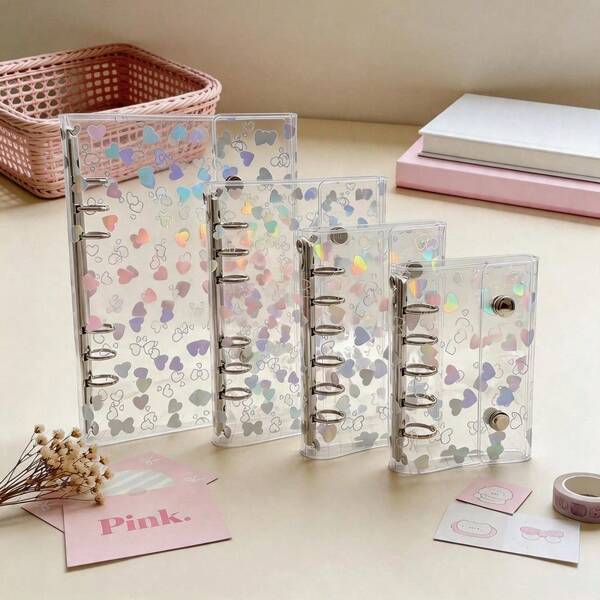 1pc Transparent Heart-Shaped Loose-Leaf Cover, Double-Snap Design, Soft Leather Cover, Replaceable Inner Pages. Can Be Used As Photo Album, Sticker Book, Planner, Notebook, Card Storage Book, Back To School Supplies