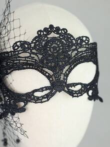 1pc Gothic Black Floral Feather Lace Mask With Beaded Tassels, Suitable For Halloween Costume Party - Black Flowers - View 5