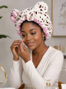 Women Cute Leopard Bear Ear Satin Lined Sleep Bonnet, Soft Plush Hair Wrap Cap For Curly Natural Hair Night Care - Multicolor 1pc - View 4