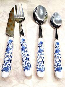 4/12/24pcs Blue & White Porcelain Handle Stainless Steel Cutlery Set, Including Steak Knife, Fork, Spoon, Tea Spoon, Suitable For Home, Restaurant, Kitchen, Daily Dining, Party And Holiday Gathering - Blue and White - View 9