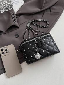 1pc Solid Color Small Square Handbag, Fashionable Box Bag, PU Leather Material, Pearl Decoration, Daily Use Bag, Office, Phone & Lipstick Storage Bag, Suitable For Women, College Students, Office, University, Work, Business, Commute - Black - View 9