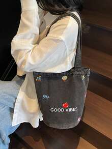 復古丹寧圖案刺繡花卉百搭單肩包 學生便當包 水桶包 可愛腋下水桶包 女款 - 黑色 - 查看 3