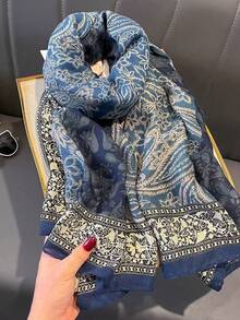 1pc Women's Polka Dot Print Soft Satin Scarf/Shawl, Lightweight Sun Protection Beach Wrap, Suitable For Spring And Summer. - Navy Cashews - View 1