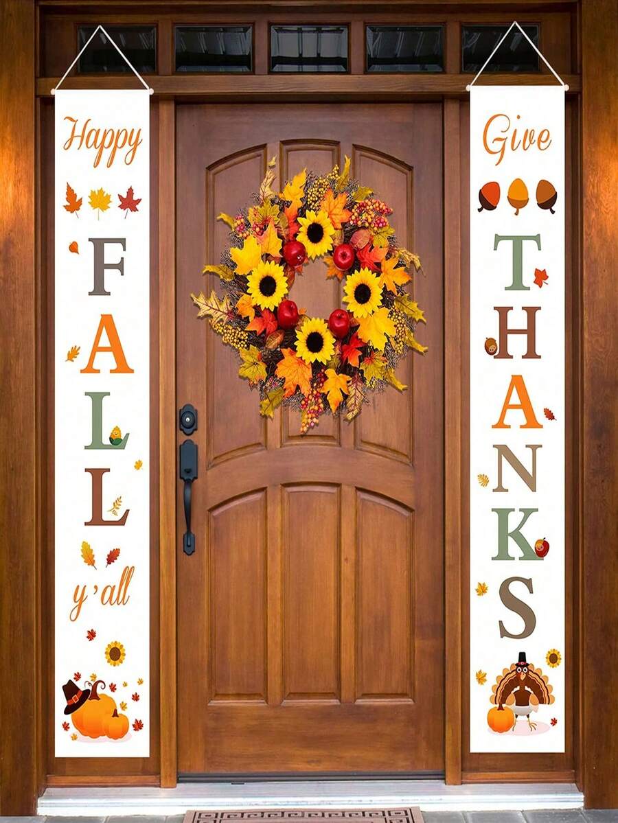 4pcs Autumn Porch Decor Hanging Flags, 70.8 Inch Welcome & Thank You Door Hanging Decor, Pumpkin Gnome Turkey Maple Leaf Buffalo Plaid Vertical Sign, Suitable For Front Door, Porch, Entryway, Yard, Farmhouse, Thanksgiving Autumn Harvest Party Decoration - Multicolor - View 1