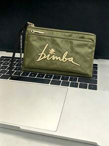 女款時尚黑色尼龍手腕包，經典純色拉鍊收納包，金色刺繡字母 Logo - 墨綠色 - 查看 6