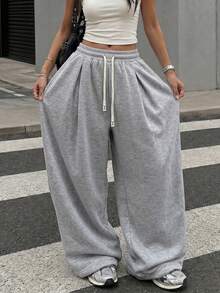 Women's Light Gray Wide Leg Sweatpants, Oversized Loose Drawstring Elastic Waistband Pocket Pants, Autumn Back To School Streetwear Style Sports - Light Grey - View 1