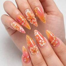24Pcs Flower Press On Nails Medium Almond Fake Nails With 3D Pearl Charms Design Glossy Orange Full Cover Stick On Nails Handmade False Nails Spring Summer DIY Manicure For Women Acrylic Nails - 豐富多彩 - 查看 3
