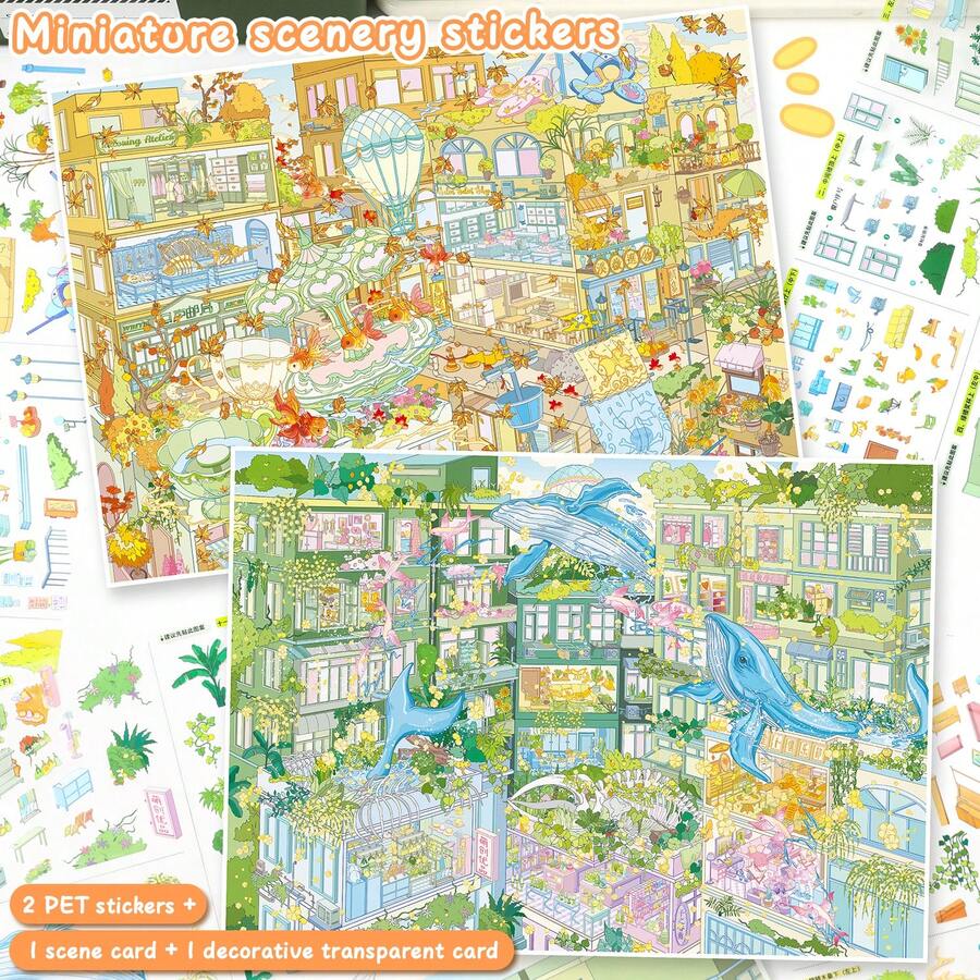 Extra Large DIY Scene Stickers, 34*25cm/13.3*10inch Adult Landscape Stickers, House Stickers, Scrapbook Stickers, 3D Miniature House Scene Stickers, DIY Scrapbook Stickers, Landscape Stickers, Scenery Stickers, Manual Stickers, Reusable, Multiple Sizes Available - A - View 1