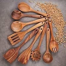 9-Piece Wooden Non-Stick Cookware Set, Natural Kitchen Utensils Spatula, Wooden Cooking Utensils Spoon, Turner And Salad Fork - Wood Color - View 1