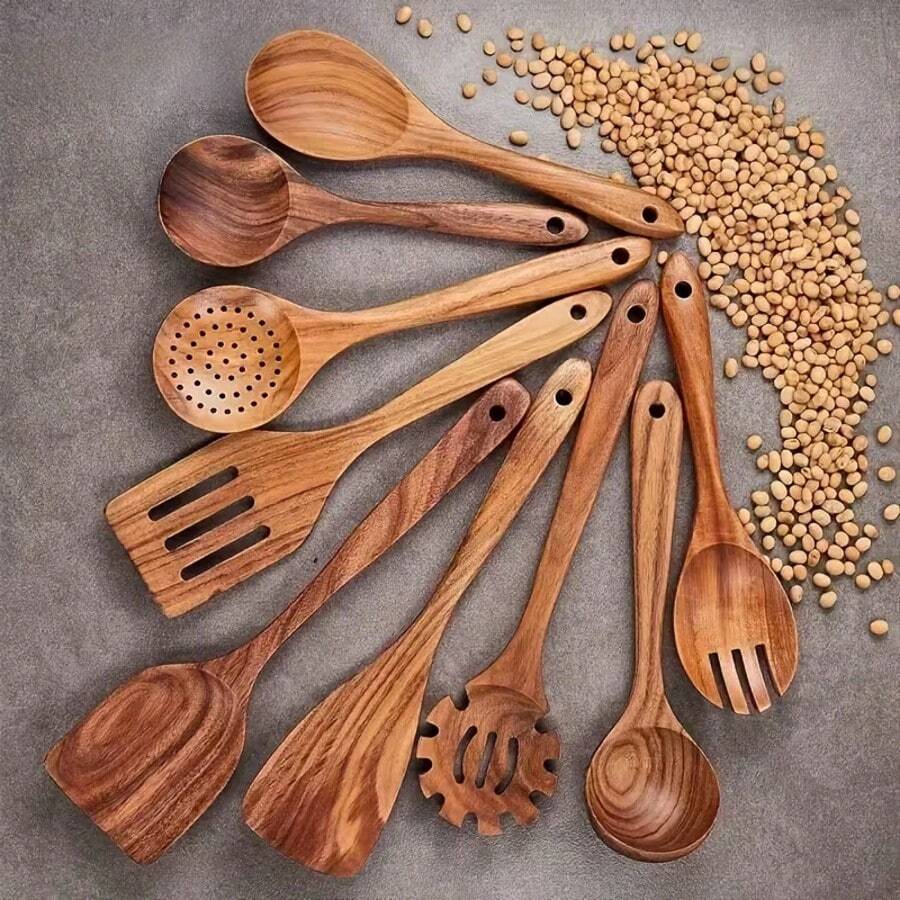 9-Piece Wooden Non-Stick Cookware Set, Natural Kitchen Utensils Spatula, Wooden Cooking Utensils Spoon, Turner And Salad Fork - Wood Color - View 1