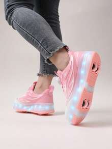 Zapatos con ruedas recargables con luz LED para niñas, patines multifuncionales transformables con ruedas desmontables, adecuados para todas las estaciones - Rosa - Ver 8