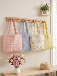Personalized Quilted Tote Bag, Customized Embroidered Name Letter Tote Bag, Bridesmaid Wedding Welcome Gift, Letter Embroidered Shoulder Bag - Multicolor - View 4