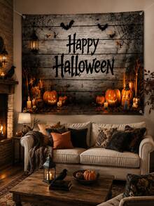 1pc Happy Halloween Backdrop, Pumpkin, Bat, Spider Web, Lantern And Rustic Wood Plank Print Polyester Rectangular Background Cloth With 4 Grommets For Living Room, Photo Booth, Haunted House, Party And Fall Decor - Multicolor - View 1