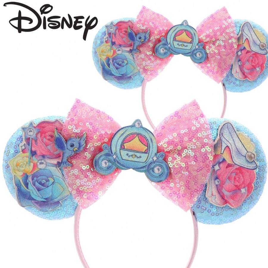 Disney Fairytale Carriage Glass Slipper Mouse Ears Headband Blue Pink Iridescent Sequin Bow Floral Bird Print Park Hair Hoop - View 1