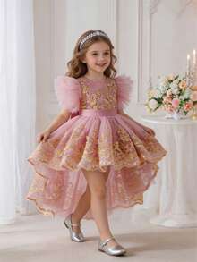 Girls' Elegant Flutter Sleeve Gold Thread Embroidered Train Dress, Puff Skirt Party Dress, Wedding Flower Girl Dress, Evening Gown - Pink - View 7