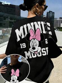 Disney Minnie Mouse Print Casual Cotton Short Sleeve Round Neck Regular Fit T-Shirt, Regular Fit, Regular Fit Top For Everyday Wear - 黑色 - 查看 1
