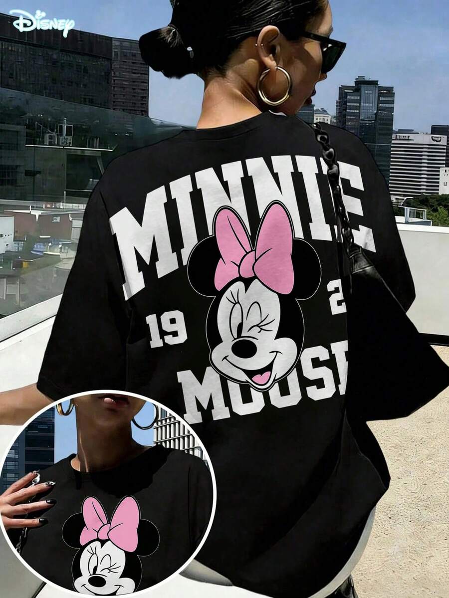 Disney Minnie Mouse Print Casual Cotton Short Sleeve Round Neck Regular Fit T-Shirt, Regular Fit, Regular Fit Top For Everyday Wear - 黑色 - 查看 1