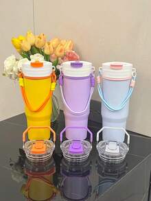 1 pièce Mixeur électrique + Gobelet isotherme, corps en acier inoxydable 304 de 900 ml, design portable à double couvercle, lame en acier inoxydable à 12 lames pour broyer la glace, recharge sans fil Type-C, poignée portable pour le fitness en plein air, le camping, le jus à emporter, tasse de café isotherme, tasse isotherme pour voiture, cadeau de fête, essentiel de cuisine, essentiel de fête - 0,5 L à 1 L - Voir 1