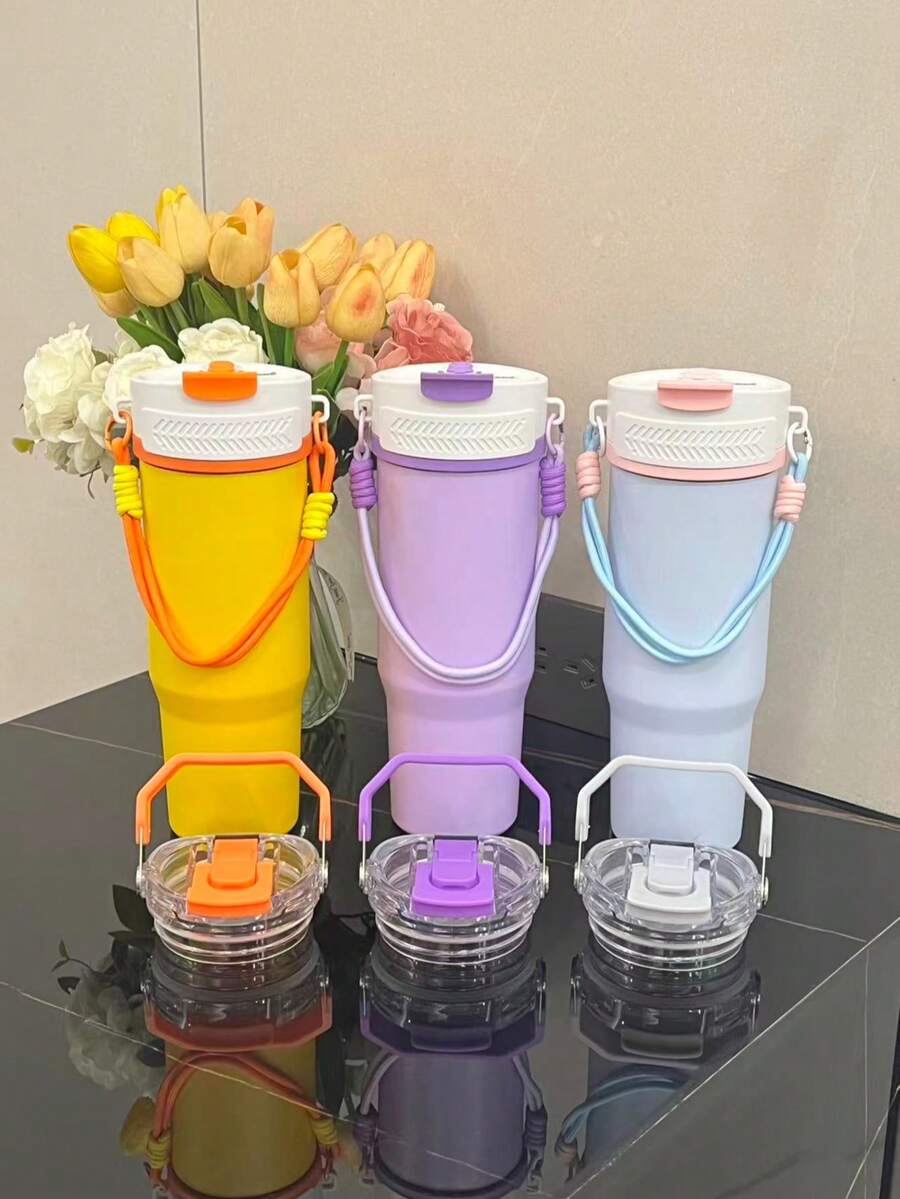 1 pièce Mixeur électrique + Gobelet isotherme, corps en acier inoxydable 304 de 900 ml, design portable à double couvercle, lame en acier inoxydable à 12 lames pour broyer la glace, recharge sans fil Type-C, poignée portable pour le fitness en plein air, le camping, le jus à emporter, tasse de café isotherme, tasse isotherme pour voiture, cadeau de fête, essentiel de cuisine, essentiel de fête - 0,5 L à 1 L - Voir 1
