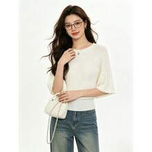 Commuter Versatile Round Neck Pleated Batwing Sleeve Knit Sweater Solid Color Knitted Top Home Daily Date Summer - White - View 3
