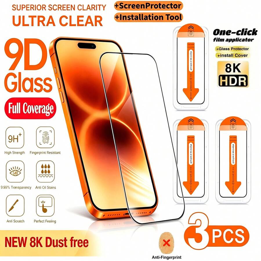 3片裝全螢幕HD螢幕保護貼,附一鍵安裝無塵盒,相容 17 Pro Max/17 Pro/16/16 Plus/15 Pro/15/14/13/12/11/XR/XS Max | 超高清 9H 鋼化玻璃 | 相容動態島 | 防刮防指紋 | 相容手機殼 - 無色 - 查看 1